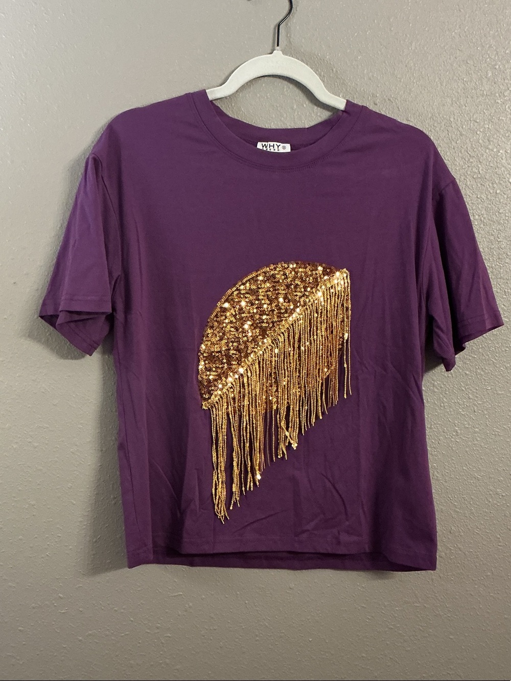 WHY Purple Short Sleeve Tee with Gold Sequin Fringe Detail